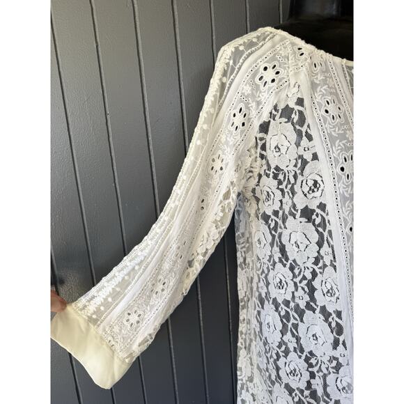 SUNDANCE Anthropologie M Lace Sheer Tunic Top Cream Boho Chic Cottagecore Retro - Picture 4 of 10